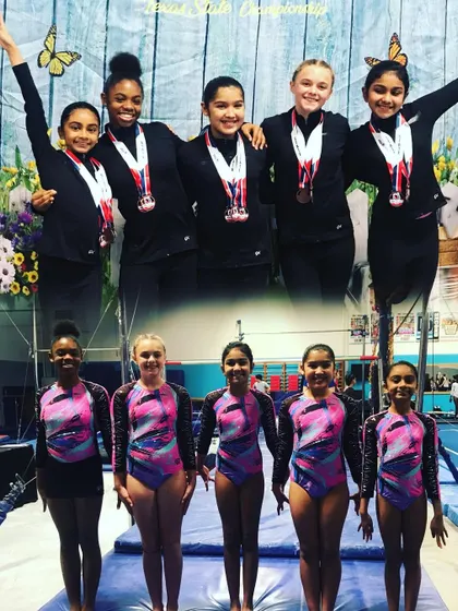 A collage celebrating our Xcel Silver team's 8th place finish at the South State championships.