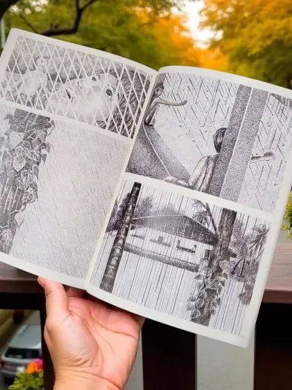 This spread perfectly captures the feeling of a sudden downpour during a summer day. Anpu Varkey's art transports you right into the memory.