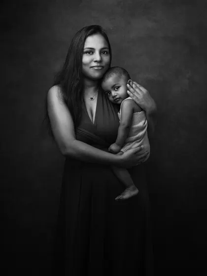 A classic mother and child portrait in black and white. The timeless quality of monochrome beautifully complements the eternal bond shown here.