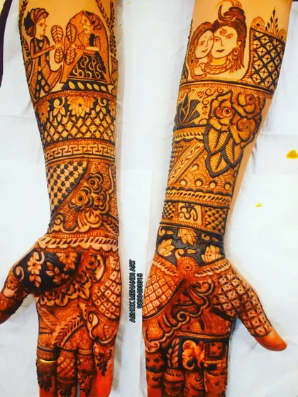 This full-arm design combines personal portraits of the couple with divine figures like Radha-Krishna and Shiv-Parvati, blending the personal love story with spiritual blessings.