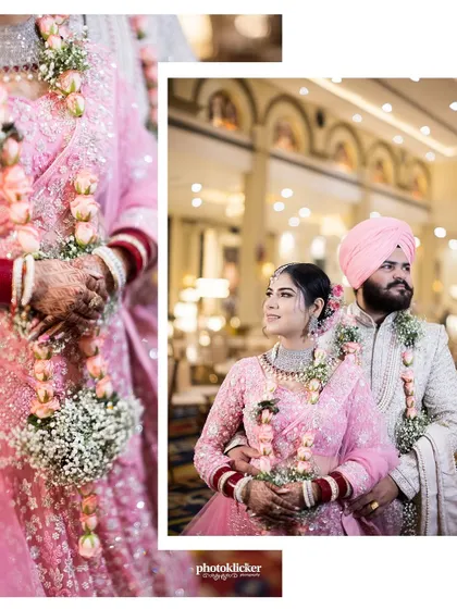 A beautifully designed photo collage focusing on the details of a Sikh couple's wedding attire and their loving gazes.