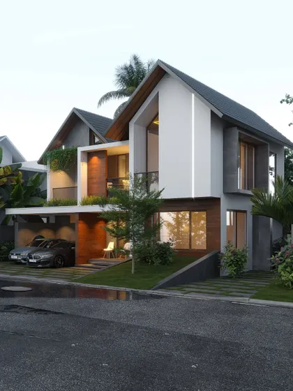 A villa in Ernakulam with a sloped roof and integrated greenery, designed to fit seamlessly into a lush, landscaped environment.