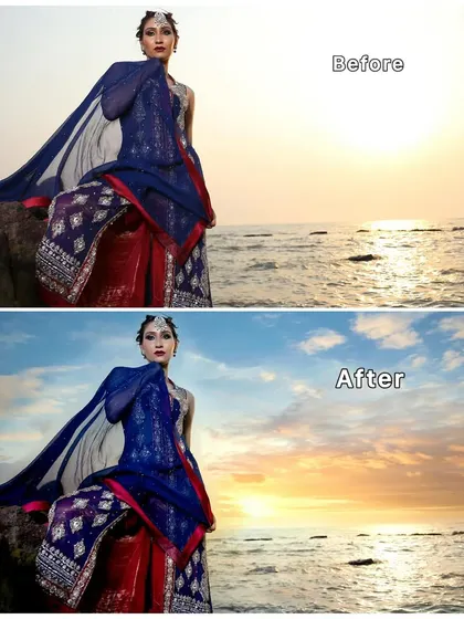 Before and after: The original sunset was washed out, so I replaced the sky and enhanced the colors on the model's outfit to create a dramatic and breathtaking final image.
