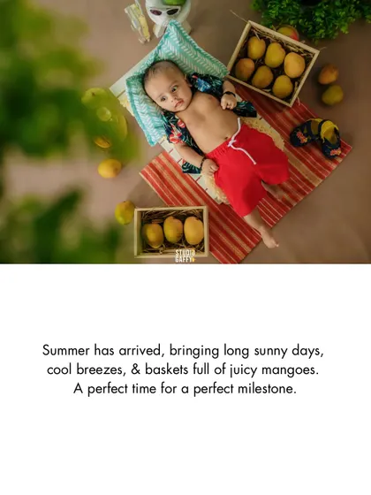 An overhead shot of the mango-themed setup, perfect for celebrating a summer baby.