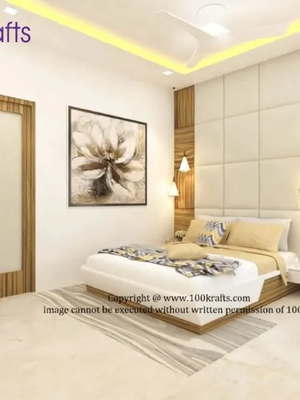 A bedroom from the 'Modern Traditional Glam' project, featuring a padded headboard against a wood-paneled wall. The design is warm, inviting, and stylish.