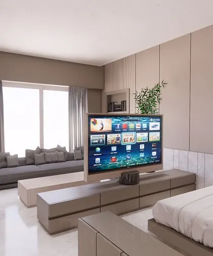 This render shows the guest bedroom from another angle, highlighting the relationship between the bed, the TV console, and the seating area. Our 3D visualizations help clients understand how these dynamic elements will function in the finished space.