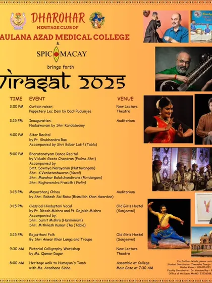 The official schedule for 'Virasat 2025', a heritage festival by Maulana Azad Medical College, featuring my Mayurbhanj Chhau performance.