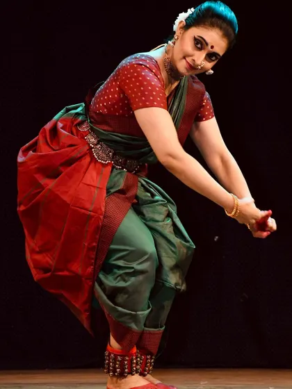 A dynamic pose from the Kanhopatra performance in Aurangabad.