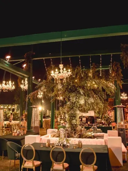 A stunning reception setup with a large tree centerpiece adorned with chandeliers, surrounded by elegant green and cream lounge seating.
