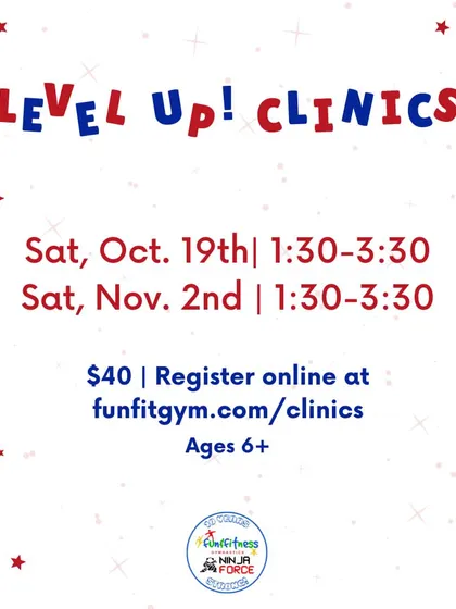 A reminder for our Level Up! Clinics. These are a great way to get extra practice and coaching before evaluation week.