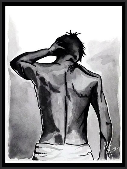 A monochrome watercolor sketch of a man's back. This piece is a study of the human form and an exploration of mood and shadow using only black and grey tones.