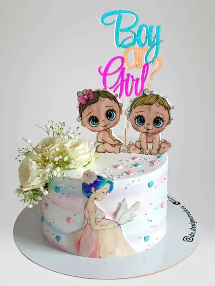 An elegant baby shower cake with a "Boy or Girl?" theme. This cake features a hand-painted pregnant mother and is adorned with fresh flowers for a delicate touch.