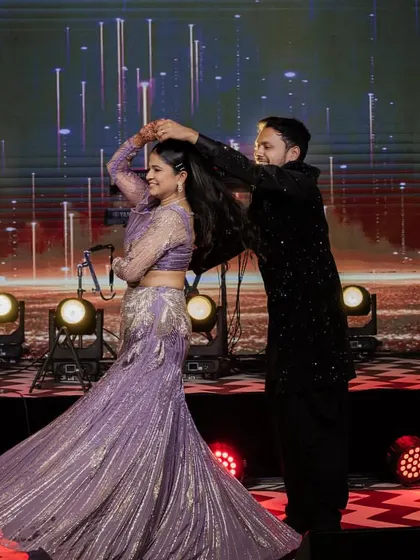 A beautiful, flowing dance for this couple's Sangeet. I focus on creating moves that are not only romantic but also complement the couple's outfits, like this stunning twirl.