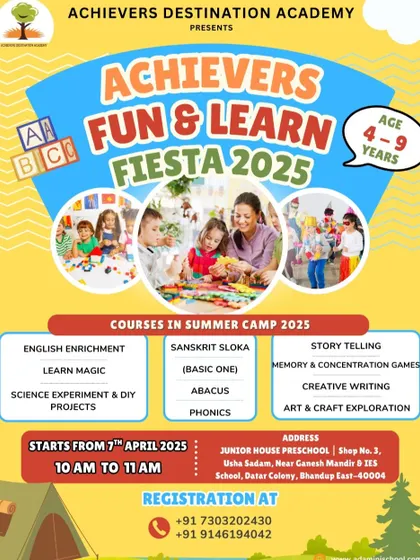 A flyer for our Fun & Learn Fiesta 2025 in Bhandup East, Mumbai, detailing the courses and schedule for kids aged 4-9.