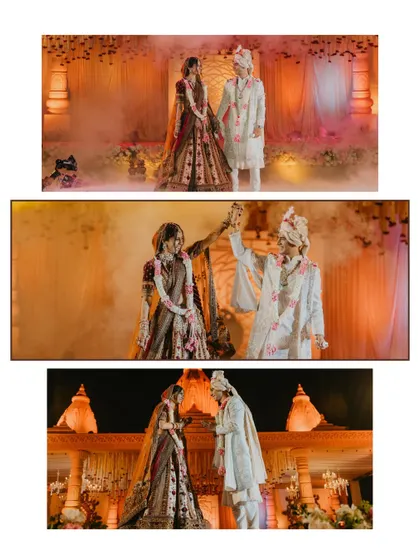 A panoramic collage showing different stages of the varmala ceremony, from the couple on stage to the exchange of garlands. It provides a comprehensive view of this key wedding ritual.