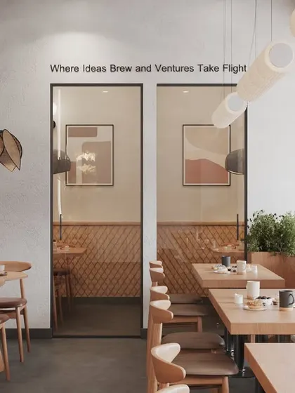 We designed the space to be inspiring, with the quote "Where Ideas Brew and Ventures Take Flight" integrated into the wall design. The mix of booth seating and individual tables caters to both groups and individuals working on their laptops.