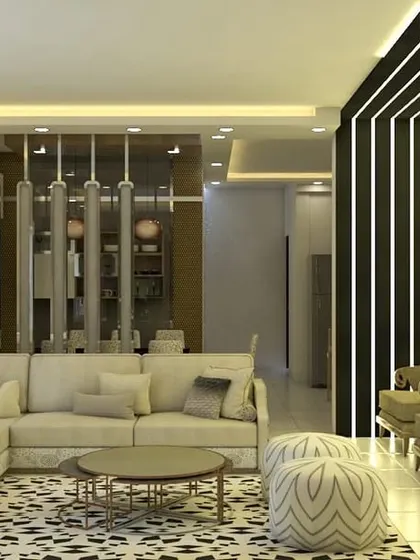 A luxurious living room with a large L-shaped sofa and patterned wingback chairs. The design incorporates reflective surfaces and vertical black slats to add depth and a modern edge.