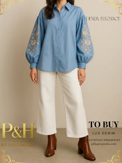 A full-length shot of the blue denim shirt and white jeans, styled with brown boots for a chic, contemporary look.