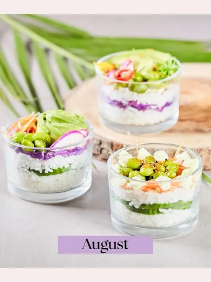 Our deconstructed sushi cups from an August event. This image showcases an innovative and modern way to enjoy sushi, perfect for mingling at parties.