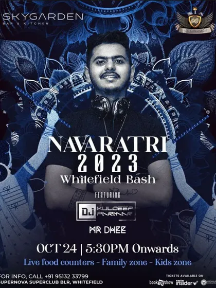 A flyer for the Navratri 2023 Whitefield Bash. These large-scale events with family and kids zones require a versatile playlist that everyone can enjoy.