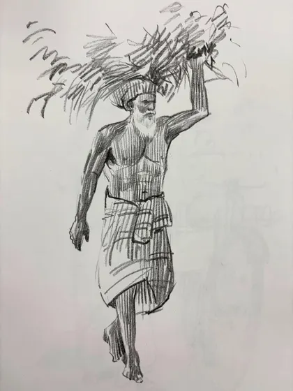A sketch of a worker carrying a bundle on his head, focusing on anatomy and strain.
