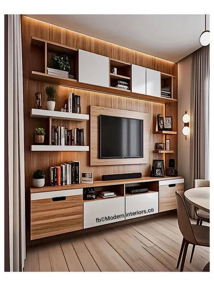 A perfect example of a full-wall entertainment center that provides maximum storage. This modular design incorporates bookshelves, cabinets, and a dedicated space for a soundbar, all tied together with warm wood and white finishes.