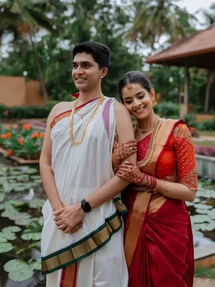 The pure joy of starting a new life together. This candid moment of laughter and love between Alankrita and Sanjith perfectly captures the happiness of their wedding day at Panchavati Pavilion.