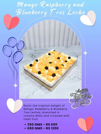 A bright and refreshing option for Father's Day, our Mango Raspberry and Blueberry Tres Leche. This light and airy cake is soaked in three types of milk and topped with fresh, juicy fruit.