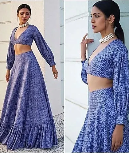 This indigo printed co-ord set with balloon sleeves is a perfect example of modern ethnic wear. I can create a similar comfortable yet stylish outfit for a pre-wedding event.