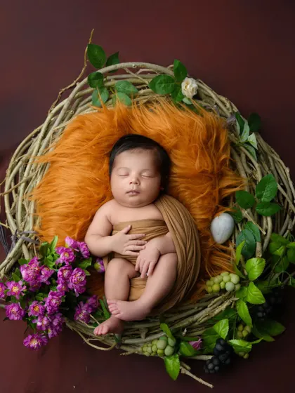 Another variation of the nest theme, this portrait shows a newborn swaddled in earthy brown tones, sleeping peacefully amidst leaves and flowers for a natural, organic feel.