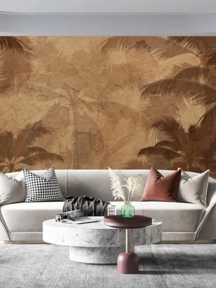 A subtle and textural wallpaper featuring silhouettes of palm trees on a parchment-like background. This design adds a warm, vintage-inspired tropical feel to a comfortable and elegant living room.