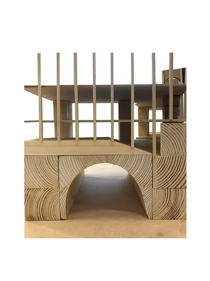 A conceptual model exploring the use of arches and a vertical grid structure. This hands-on process allows us to explore unexpected forms and material combinations.