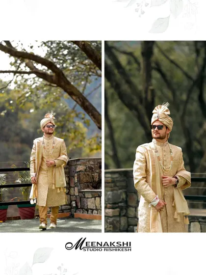A collage of the groom, Raghav, looking dapper in his wedding sherwani. The outdoor setting at the Summit in Rishikesh adds a touch of natural elegance to his portraits.