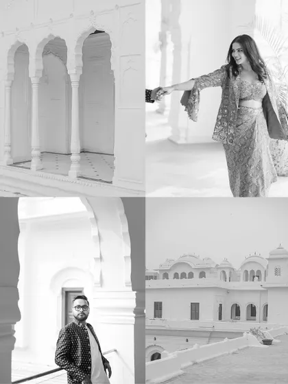 A collage of black and white portraits from a heritage palace shoot, showcasing the couple's elegant style.