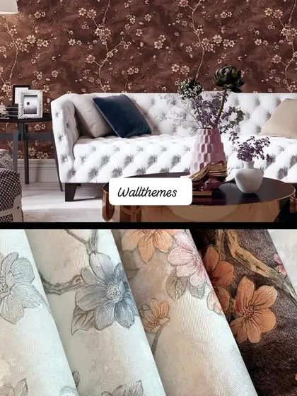 A collage of different floral wallpapers, including a dark brown version installed in a living room.