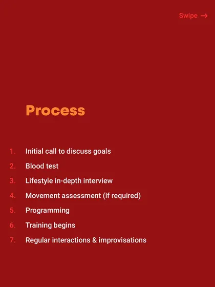 My process is thorough. It starts with a call to discuss your goals, followed by a blood test, a lifestyle interview, and a movement assessment. Only then do I build your program and we begin training.