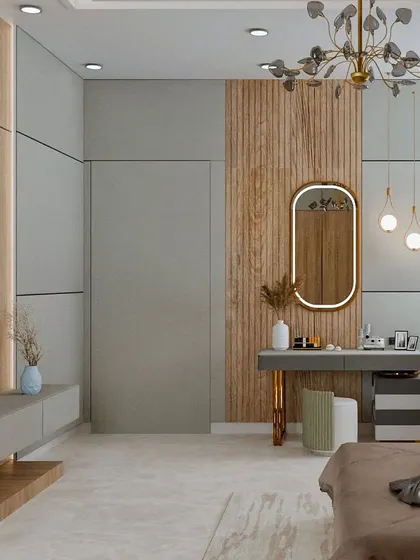 A look at the TV and dressing area, where I used a mix of grey and wood panels to create a cohesive design. The floating console and backlit mirror are both stylish and practical.