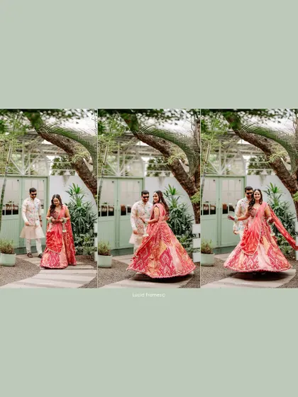 A creative triptych showing the bride twirling in her colorful lehenga.