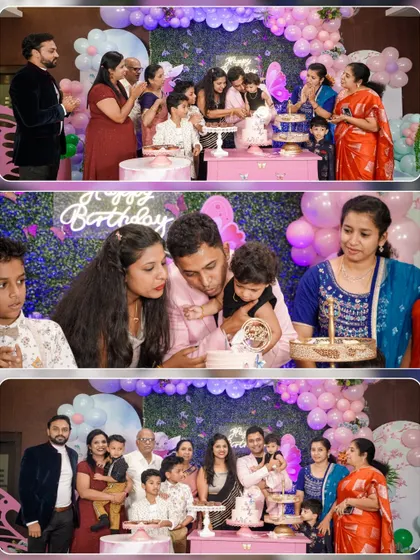 A collage capturing the joy of a family celebrating a birthday together. These images show the cake cutting, group photos, and candid interactions that make event photography so special.