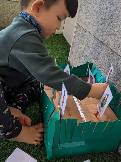 We learn about where vegetables grow with this fun sorting game. This child is "planting" picture cards of different vegetables into a cardboard garden bed.