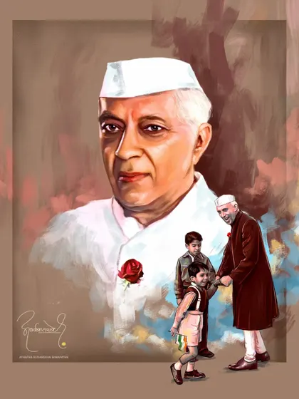 This portrait of Jawaharlal Nehru was created to celebrate Children's Day. I combined a classic portrait with a smaller, heartfelt scene to honor his memory and his affection for children.