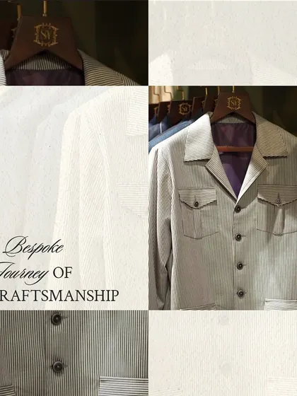 A bespoke journey of craftsmanship. This graphic collage shows how a single garment concept is realized, resulting in a perfectly tailored piece.