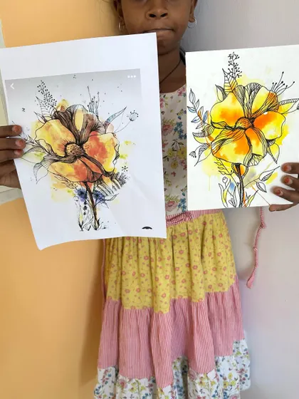 This amazing floral artwork was done by a ten-year-old student. She perfectly captured the reference image, showing incredible skill in both drawing and watercolour painting.
