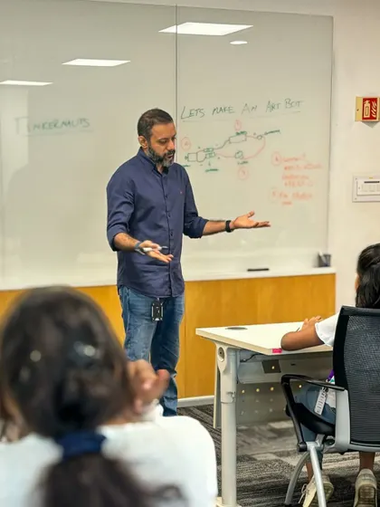 Explaining the concept of an art bot to students at Yahoo India. We love bringing our workshops into corporate environments for special family days.