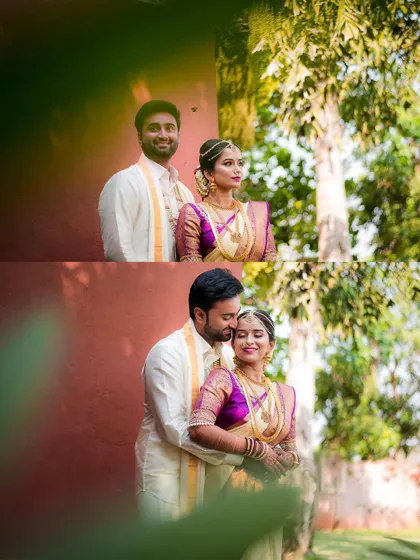 A collage of a couple's first look, capturing their excitement and love in a beautiful outdoor setting.