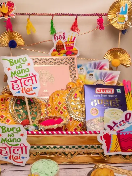 A fun and festive Holi hamper with "Bura Na Mano Holi Hai" signs, perfect for gifting to friends and family to get into the spirit of the festival.