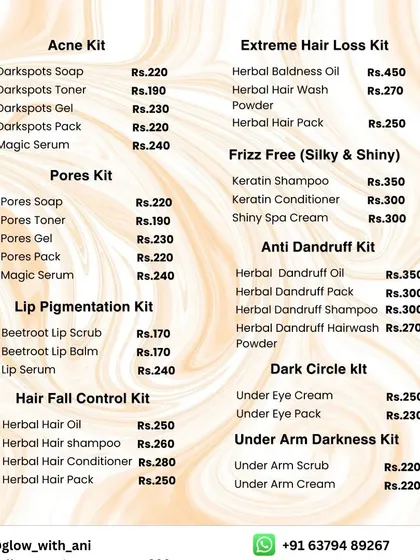 A detailed menu of my kits for acne, pores, lip pigmentation, hair fall, and more.