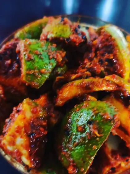 A top-down view of my Mango Pickle, showing how the masala coats each piece. This is the result of careful, small-batch preparation.