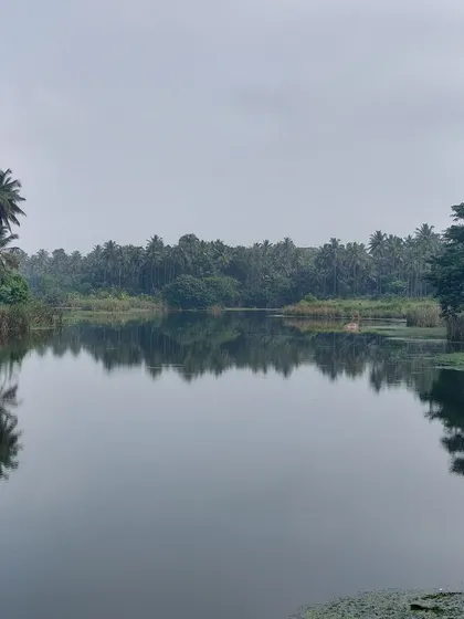 The still, reflective waters of a reservoir on the 'Reservoir Dogs' route. The tour connects several beautiful water bodies in the Ramanagara region.