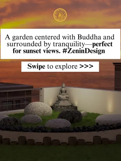 A garden centered with a Buddha statue and surrounded by tranquility, perfect for sunset views. This is Zen in design.